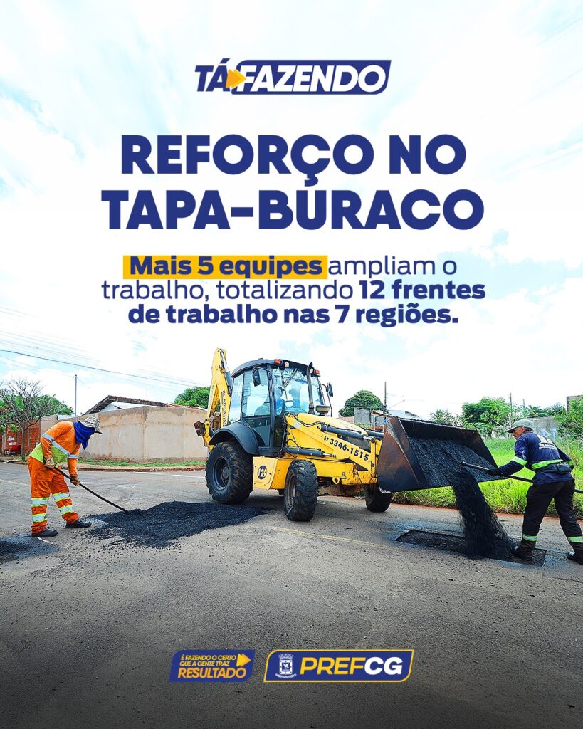 A PrefCG intensificou o mutirão tapa-buracos nas sete regiões da cidade. São mais cinco equipes ampliando os reparos emergenciais no asfalto…