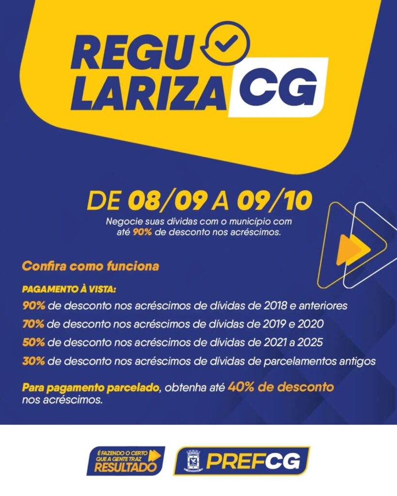 Condições especiais para colocar as contas em dia! Com o Regulariza CG, moradores e empresas de Campo Grande podem quitar débitos municipais…