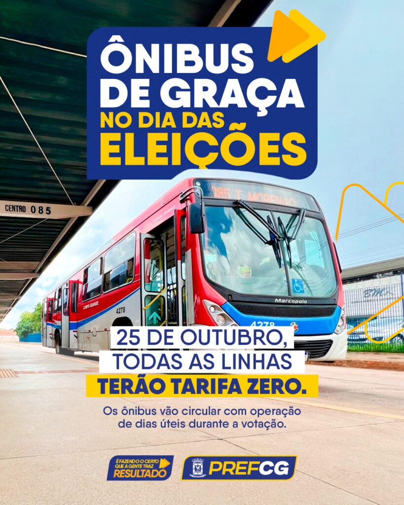 Neste domingo (25), dia de votação, o transporte coletivo de Campo Grande será gratuito para toda a população. Todas as linhas vão circular…
