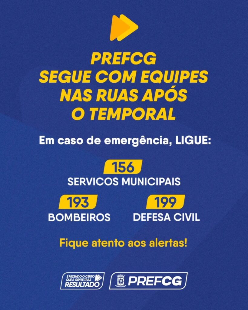As equipes da PrefCG seguem mobilizadas para reparar os danos causados pelo temporal. Em caso de necessidade, acione os serviços municipais,…