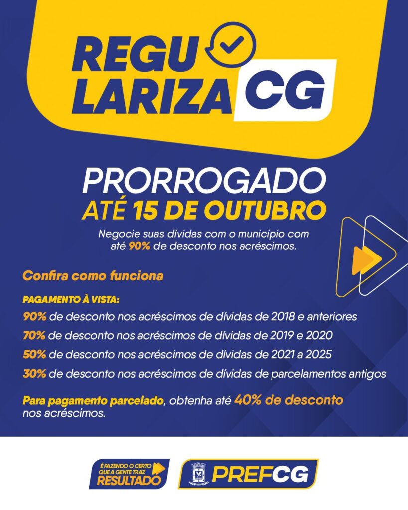 Atenção! O novo prazo de adesão ao programa Regulariza CG segue até quinta-feira (15), com descontos de até 90% sobre multas e juros para co…