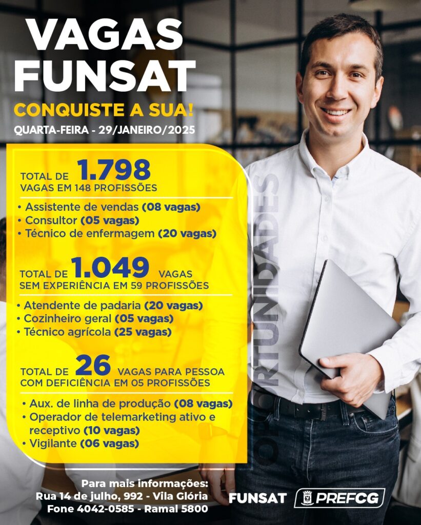 Funsat oferece 1.798 vagas nesta quarta-feira (29)