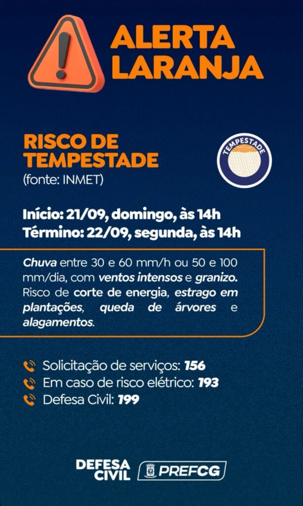 Campo Grande está em alerta laranja para tempestade e declínio na temperatura