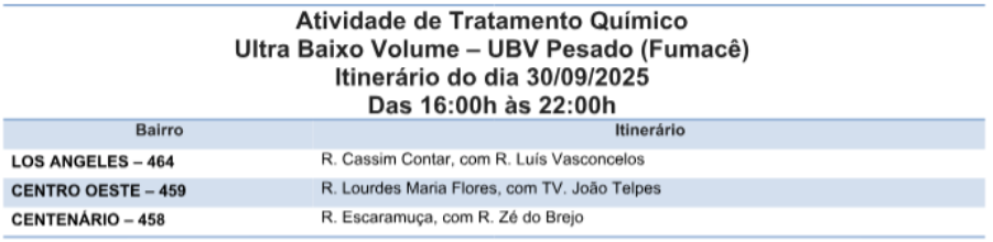 Veja quais os três bairros que estão na rota do fumacê nesta terça-feira 