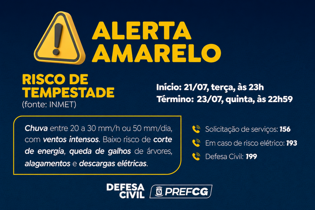Defesa Civil emite alerta amarelo para tempestades Defesa Civil emite alerta amarelo para tempestades