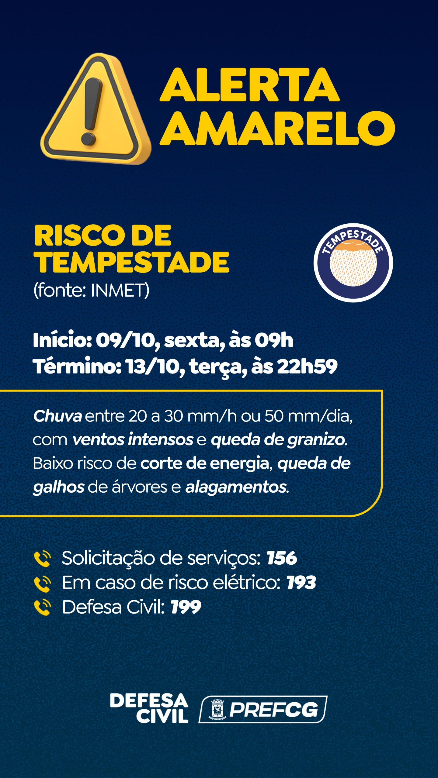 Defesa Civil emite alerta amarelo para risco de tempestades até terça-feira